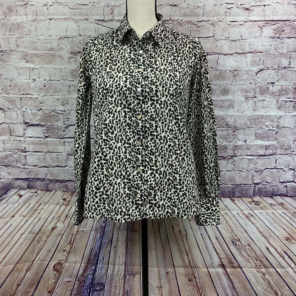 J. Crew Brown Tan Leaf Print Button Front Long Sleeve Shirt